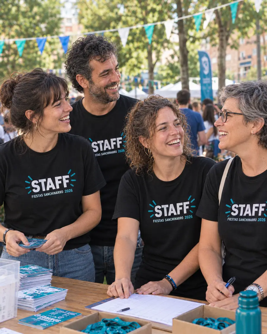 Voluntarios de un evento de barrio con camisetas negras personalizadas de staff