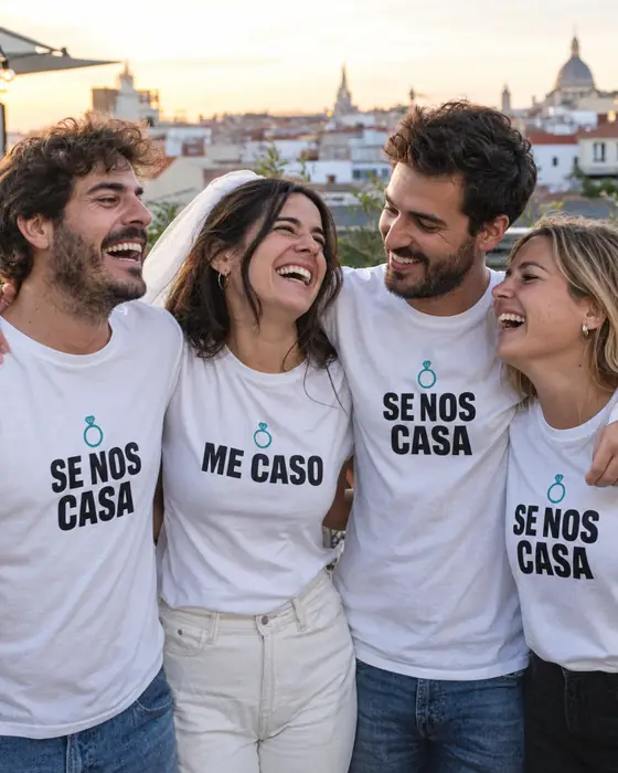 Grupo de amigos en una despedida de soltero con camisetas personalizadas: ME CASO para la novia y SE NOS CASA para el resto