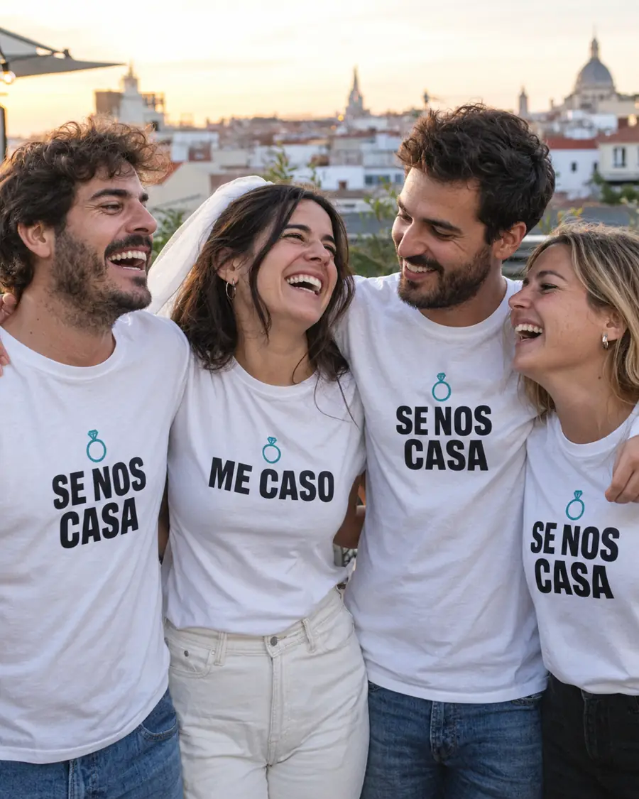 Grupo de amigos en una despedida de soltero con camisetas personalizadas: ME CASO para la novia y SE NOS CASA para el resto