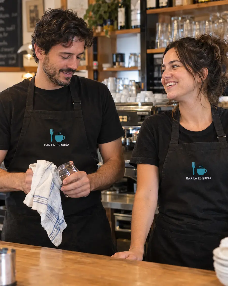 Camarero y camarera de un bar con delantales negros personalizados con el logotipo del local