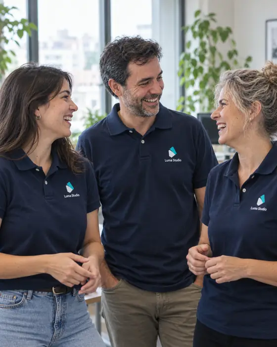 Tres compañeros de trabajo con polos azul marino personalizados con el logotipo de su empresa