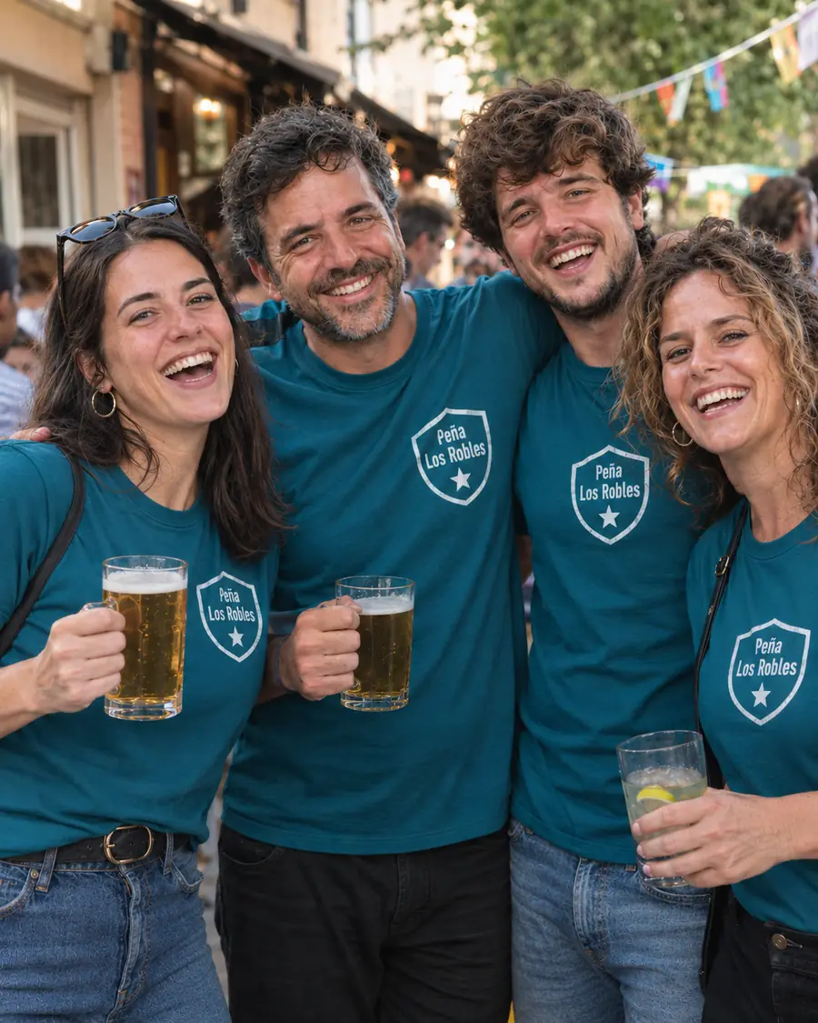 Grupo de amigos de una peña con camisetas iguales personalizadas con el escudo del grupo