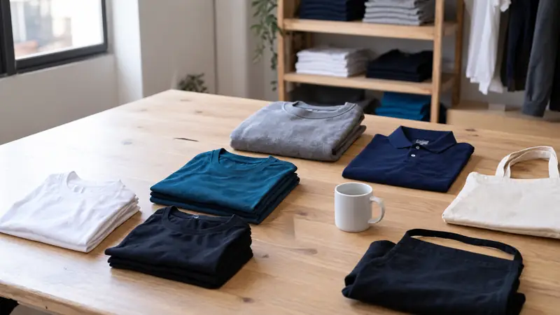 Mesa de trabajo con camisetas, sudadera, polo, tote bag, taza y delantal listos para personalizar